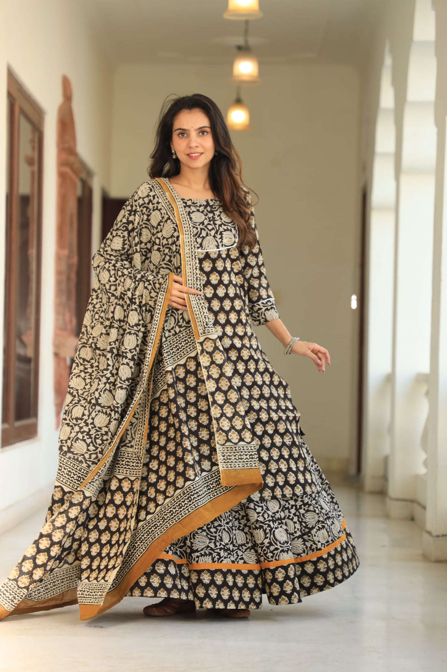 808 Long Kurta with Dupatta Lengha-3 PC Set