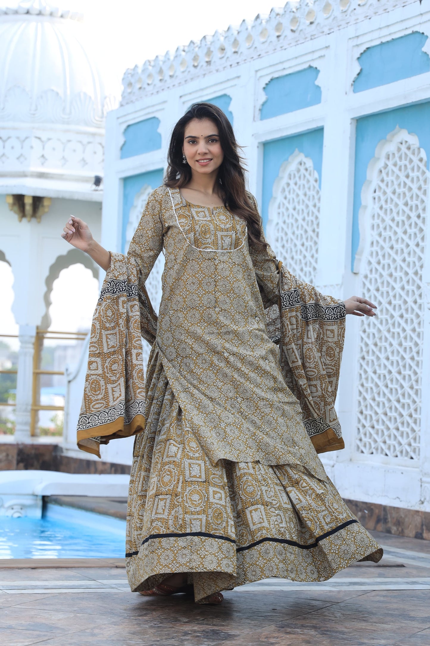824 Long Kurta with Dupatta Lengha-3 PC Set