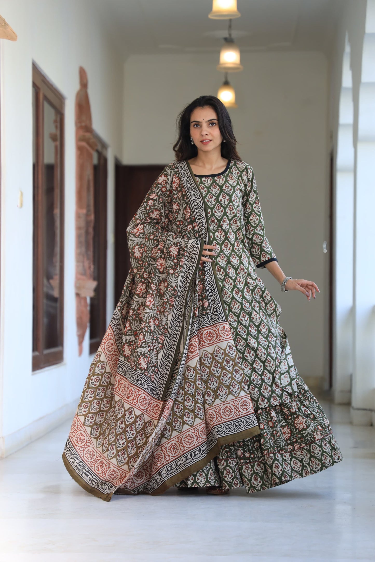 828 Long Kurta with Dupatta Lengha-3 PC Set