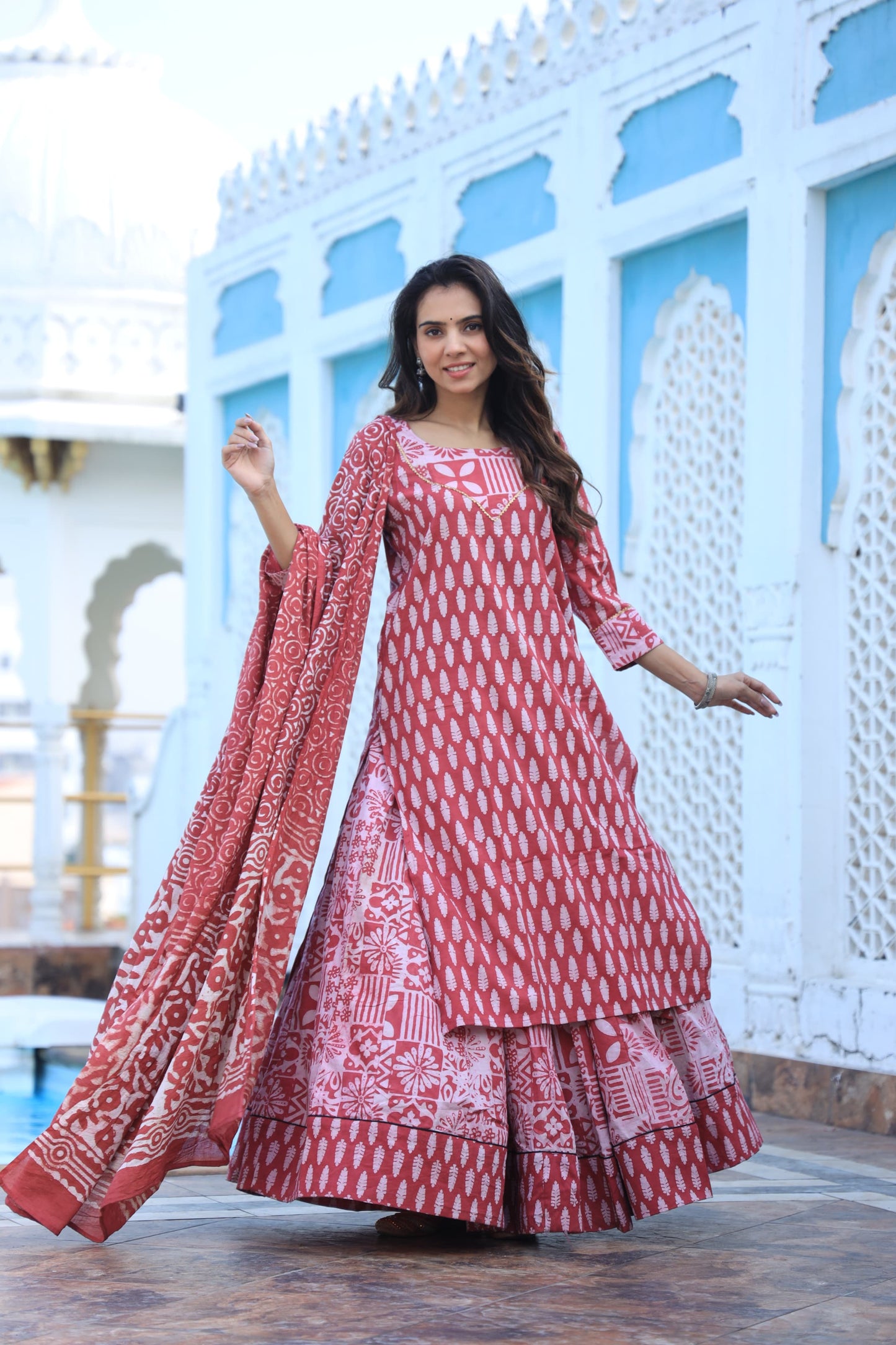 831 Long Kurta with Dupatta Lengha-3 PC Set