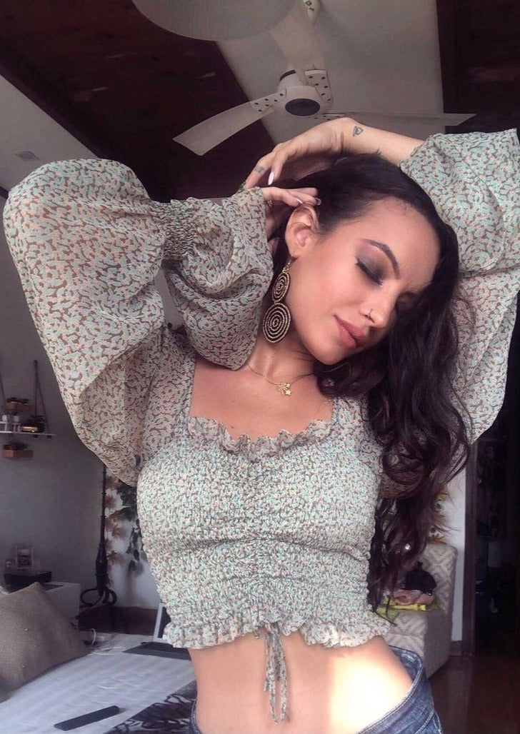 Smocked Printed Long Sleeved Top