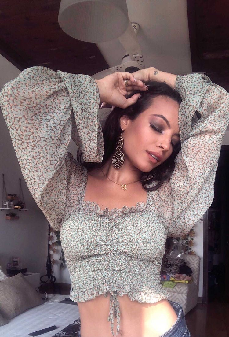 Smocked Printed Long Sleeved Top